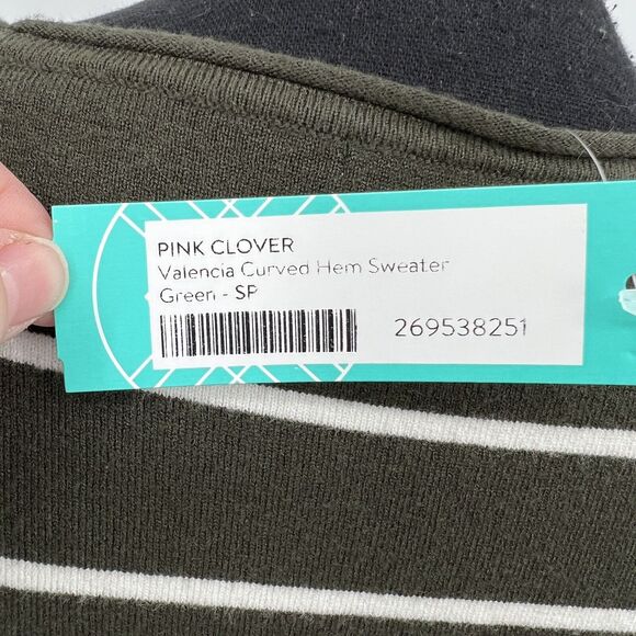 New Pink Clover Women Stitch Fix Valencia Curved Hem Sweater Green Stripe Small - Picture 5 of 5